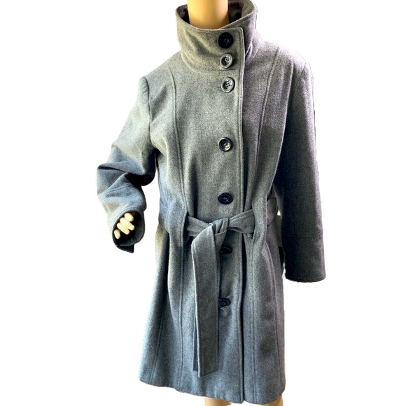 Ashley Stewart Gray Belted High Collar Button-Up Trench coat Size 1X - Picture 1 of 15